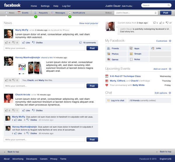 18 Cool Concept Designs (Facelift) of Notable Websites facebook main page justin dauer 18 Cool Concept Designs (Facelift) of Notable Websites