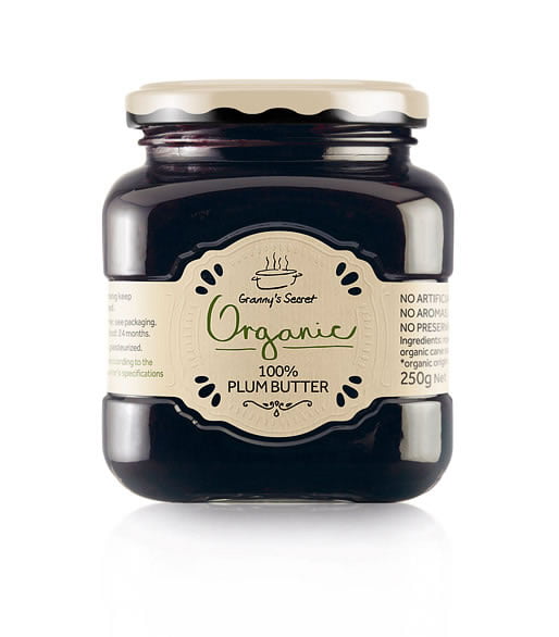 ambalaža organskih proizvoda Granny's Secret: 100% Organic plum butter