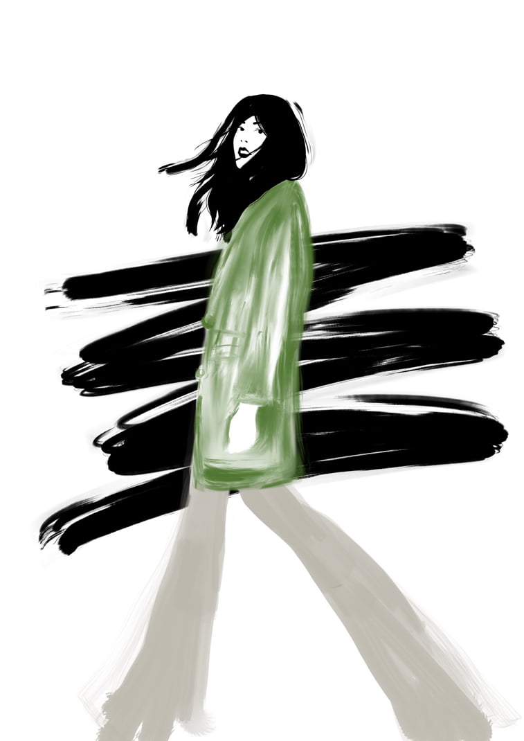 Rocio Vigne black green coat modna ilustracija