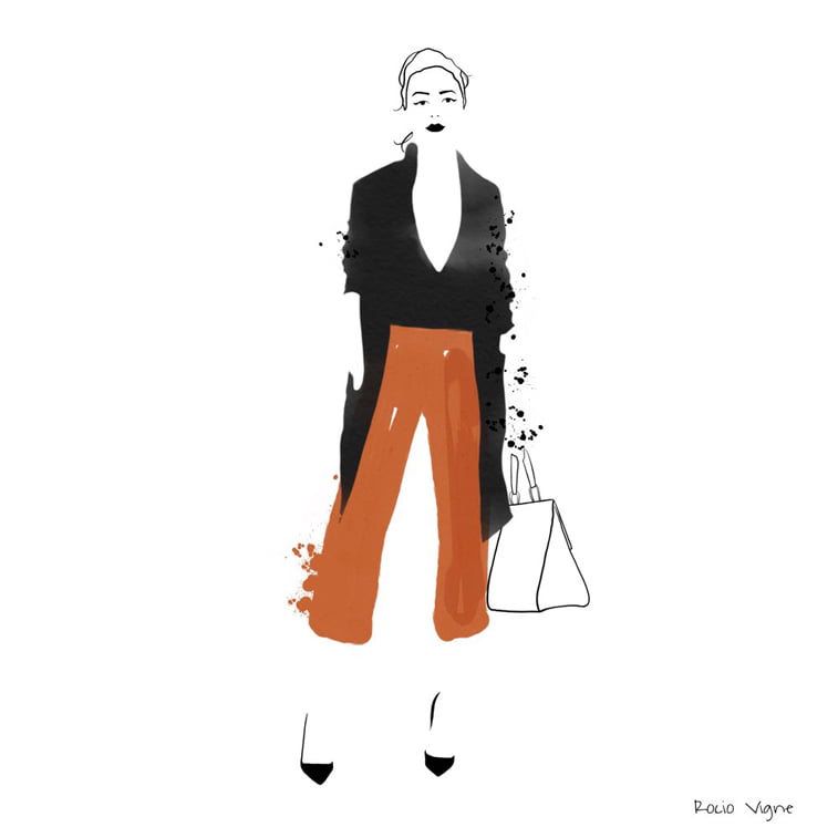 Rocio Vigne blue orange trousers modna ilustracija