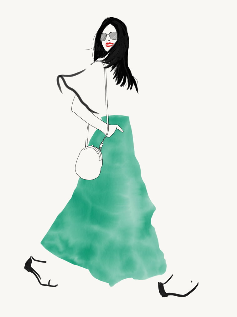 modne ilustracije half black coat Rocio Vigne green