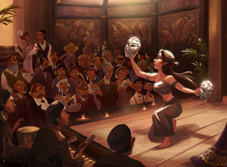 ilustracija zena maska podijum publika