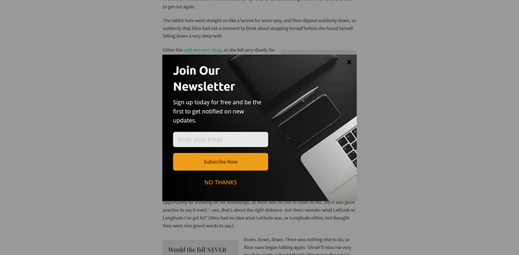 newsletter signup pop-up example design