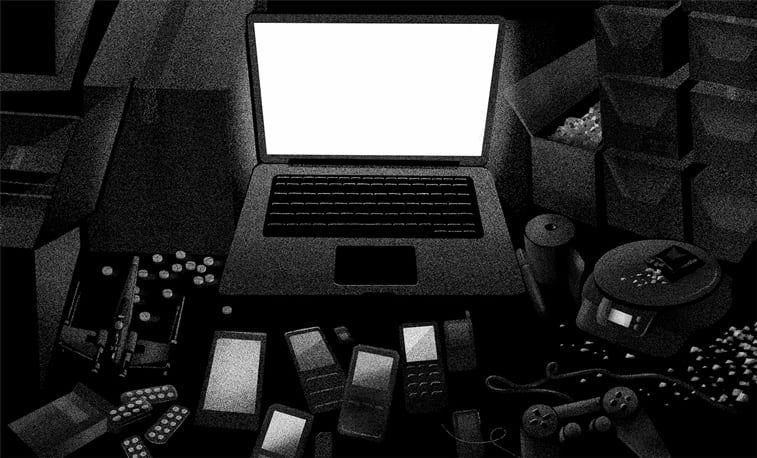 laptop mobilni telefoni nered monohromatska ilustracija