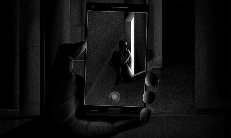 mobilni telefon ekran zena sedi na prozoru ilustracija