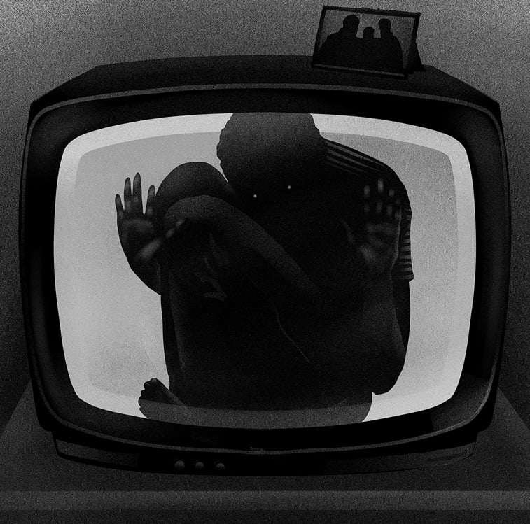 tv ekran covek zarobljen u televizoru ilustracija
