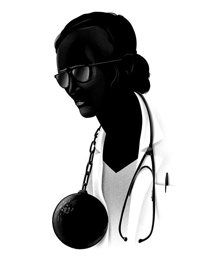 zena doktor stetoskop teg monohromatska ilustracija