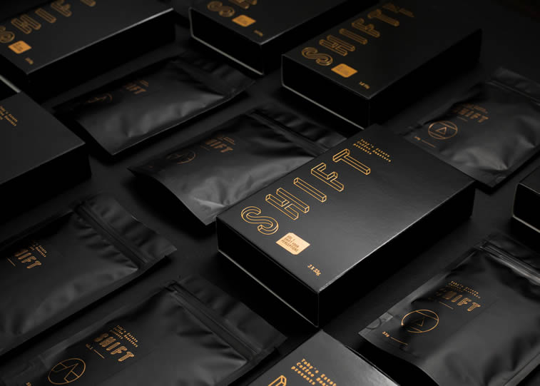 shift coffee package design black and gold