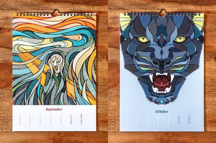 ilustrovani kalendar vrisak munk puma ilustracije 