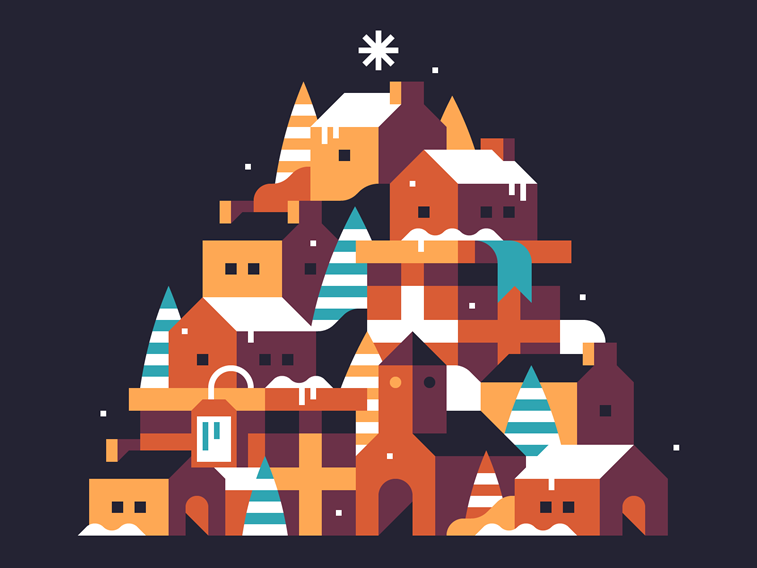 christmas card illustration town houses winter