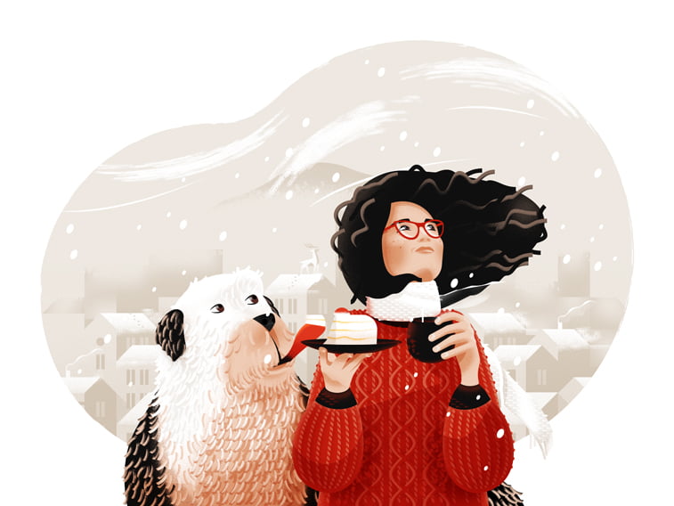 christmas is coming card illustration girl with a dog