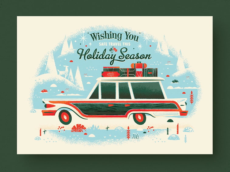 holiday season card retro style family car