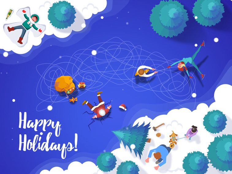 illustration birdview santa ice skating holiday card design
