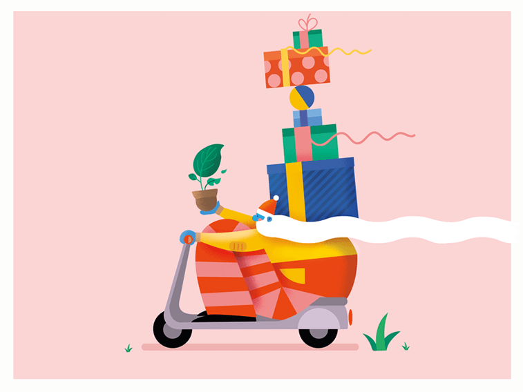 cute santa with gifts on motorbike gif animation