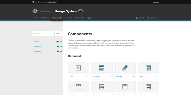 The Australian Government Design System Australian government design system components screenshot