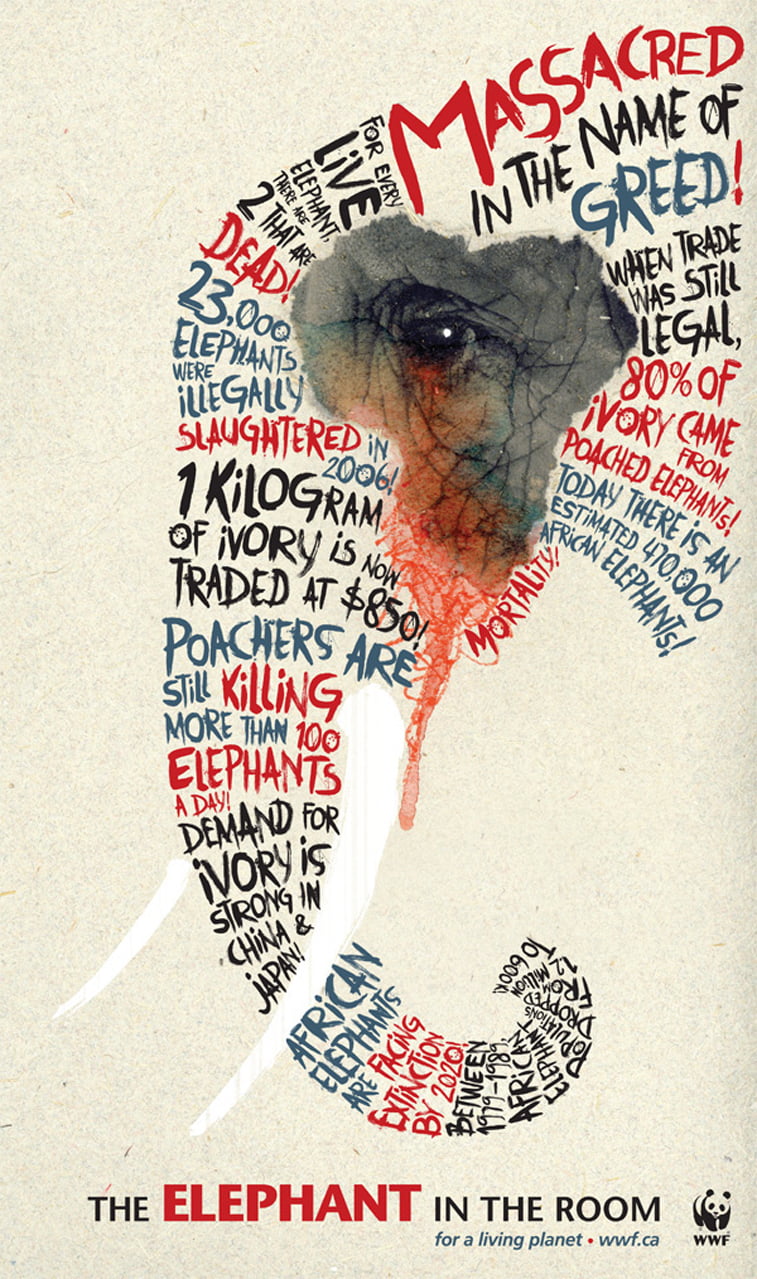Massacred in the name of greed poster design elephant wwf canada