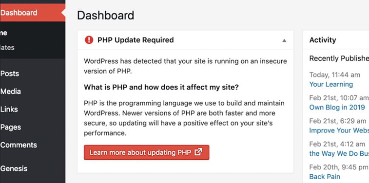 wordpress dashboard php update required