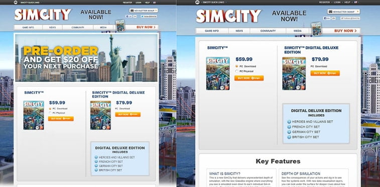 EA Games pokrenuo je A / B testiranje landing stranica za svoju novu igru, SimCity5. Zanimljivo je da je verzija sa desne strane privukla više konverzija, iako joj je nedostajao natpis za popust. Izvor: mobilemarketingmagazine.com