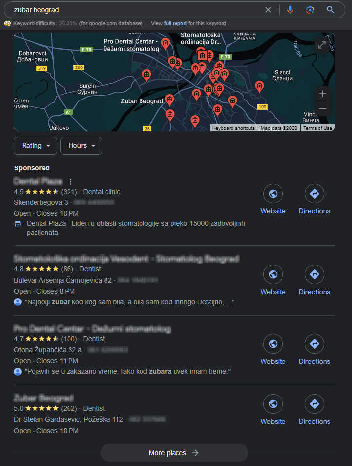 Google My Business profili na google maps za lokalnu ključnu reč "zubar beograd" u Google pretrazi.