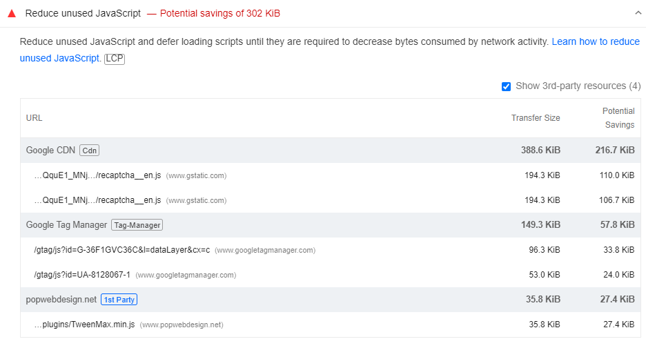 Reduce unused javascript tips from PageSpeed Insights.