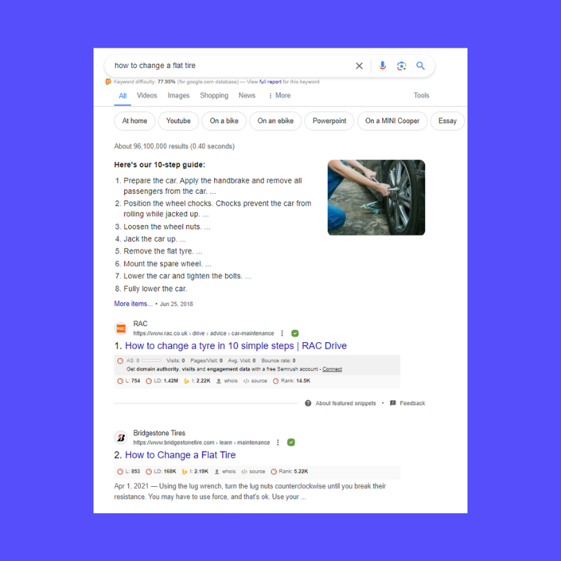 Example of informational search intent for "How to change a flat tire" phrase.