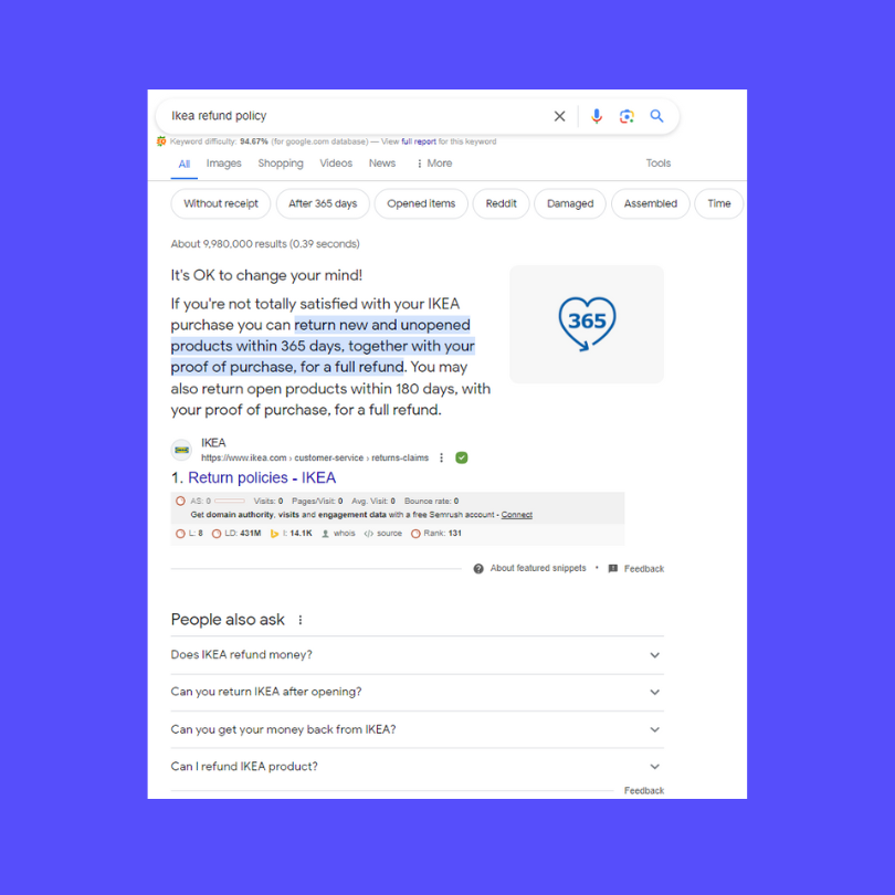Navigational search intent for “Ikea refund policy" example.