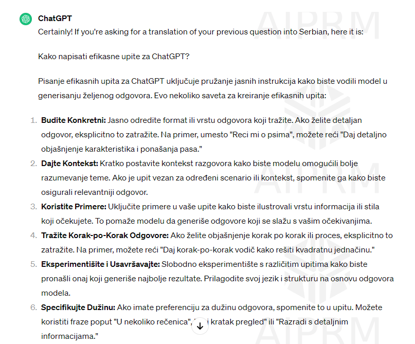 Pitali smo Chat GPT da napiše kako efikasno napisati prompt i da prevede na srpski.