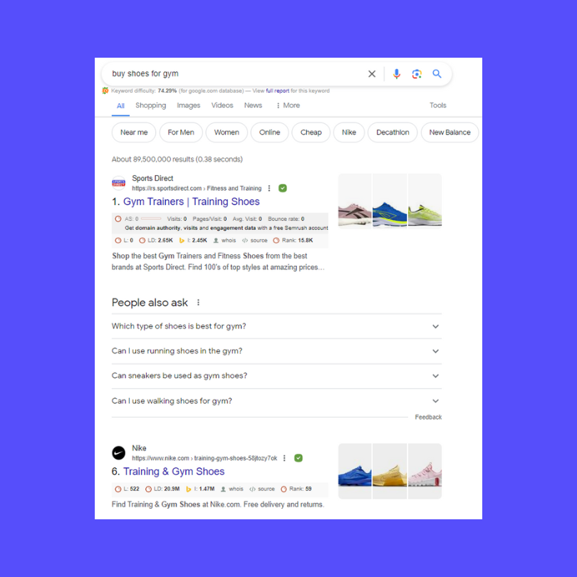 Transactional search intent for keyword "buy shoes for gym"