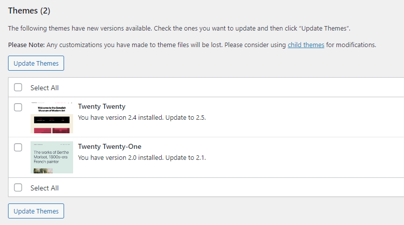 Update themes on WordPress.