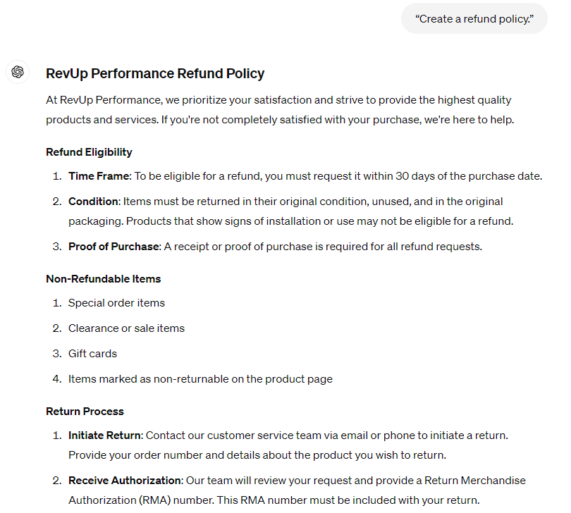 Creating a refund policy for your store with ChatGPT.