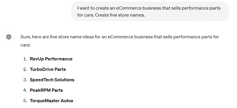 Naming the eCommerce store that sells performance parts for cars with ChatGPT.