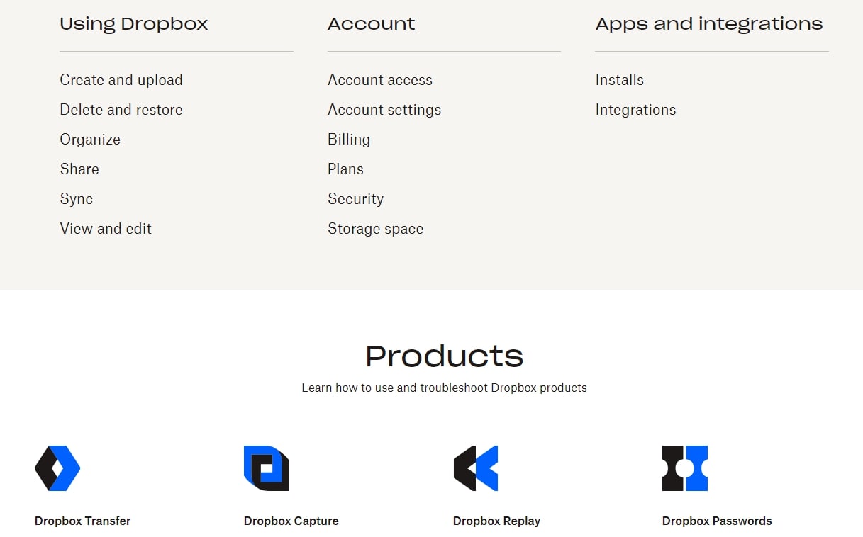 Primer Dropbox stranice sa najčešćim pitanjima.