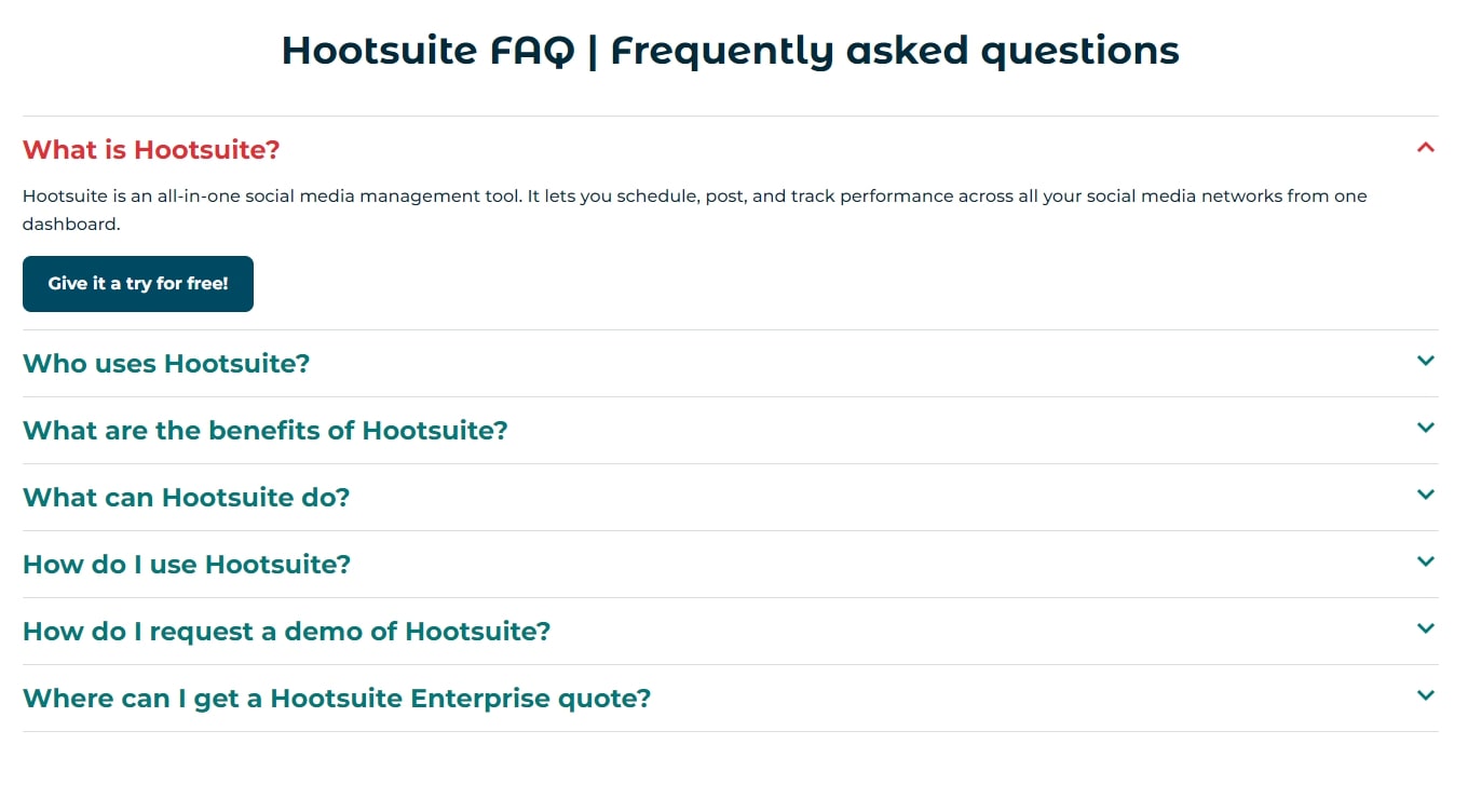 Primer Hootsuite FAQ stranice.