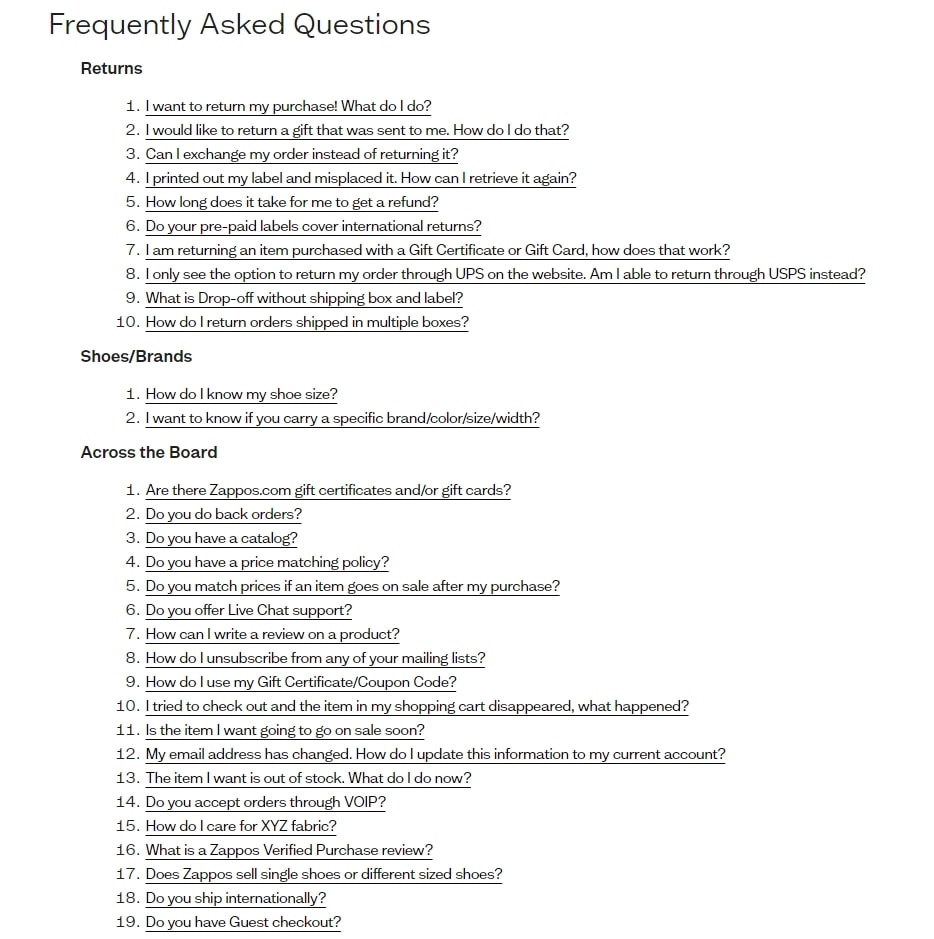 Primer Zappos FAQ stranice.