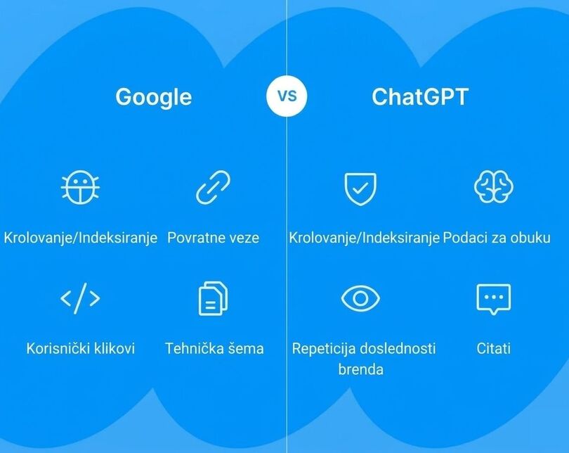 Uporedna tabela koja prikazuje Google faktore rangiranja poput backlinkova i schema oznaka naspram ChatGPT faktora poput trening podataka, konzistentnosti brenda i citiranja.