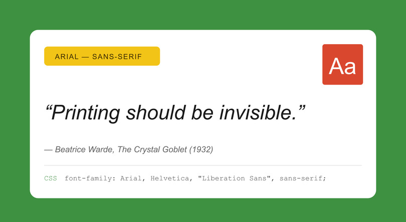 Arial font specimen card. Quote: "Printing should be invisible." — Beatrice Warde, The Crystal Goblet (1932). Rendered in Arial with CSS fallback to Helvetica and Liberation Sans.