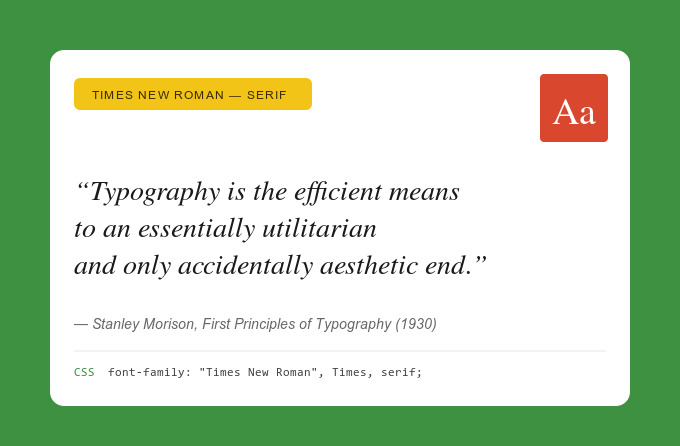 Times New Roman font specimen card. Quote: "Typography is the efficient means to an essentially utilitarian and only accidentally aesthetic end." — Stanley Morison, First Principles of Typography (1930).