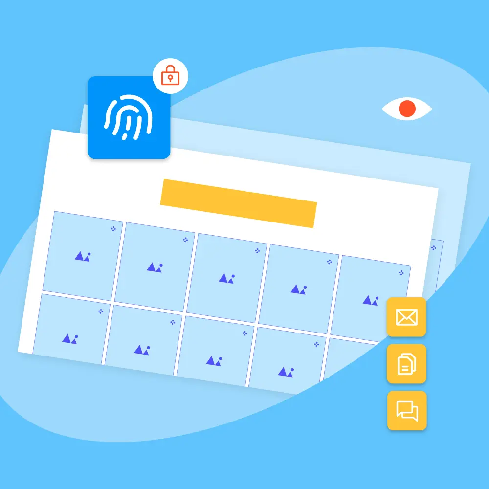 Webpage layout with fingerprint, padlock and eye icons symbolizing privacy by design in user interfaces